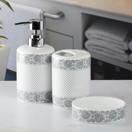 Image of SaSaSa Ceramic Bathroom Set of 3 Modern Bath Accessories Kit with Soap Dispenser, Toothbrush Holder & Dish - Stylish & Elegant Bathroom Decor, White /Grey (5765)