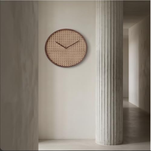 Image of The Artment your artistic apartment Brown CaneHalo Clock Natural Cane Weave Wall Clock, Silent Quartz Movement, Wooden Frame Minimalist Round Clock for Living Room, Bedroom, Office Decor