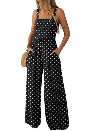 Lepunuo Jumpsuits for Women Casual One Piece Overalls Smocked Wide Leg Long Rompers With Pockets Beach Vacation
