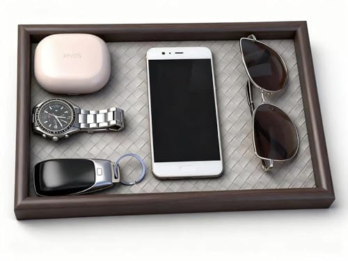 Zosenley Wooden Valet Tray with Leather Base - Nightstand Catchall Organizer for Cologne, Perfume, Keys, Wallet, Phone, Watch, Jewelry & Sunglasses (Llight Gray)