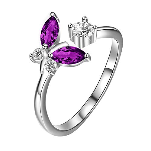 Aoboco Sterling Silver Butterfly Adjustable Ring With Simulated Amethyst Purple Crystals, Butterfly Jewelry Gifts For Women Girls Mom Size 9 #TOP9
