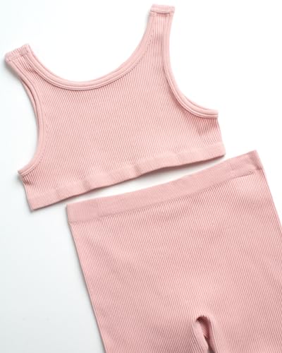 image for LaLa Girls' Active Shorts Set - 2 Piece Seamless Ribbed Crop Tank Top 