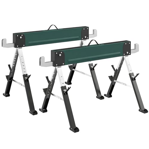 HOMCOM Lot de 2 Tréteaux Pliables en Métal, Charge Max. 1160 kg, Tréteaux Portables, Hauteur Réglable 64-81cm, Poignée de Transport, Support 2x6, pour...