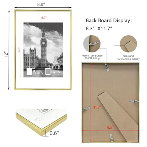 Image of GOmaize Front Loading Aluminum alloy Gold Picture Frame A4 Set of 3 Wall and Table Mounting