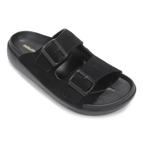 Image of Liberty Healers VAL-36E Slippers for Men - Black & Tan Faux Suede Slip-On Casual Slippers | Soft Cushioned Footbed, Lightweight Everyday Footwear for Home, Daily, Indoor & Casual Wear