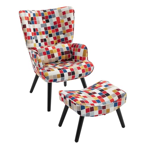HomeMiYN Sessel Ohrensessel mit Kissen und Fußhocker Wohnzimmer Einzelsofa Geometrische Farbkunst