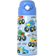 Boys Monster Truck Insulated Water Bottle with Covered Pop-Up Straw,16 oz Kids Cups with Stainless Steel Leak Proof for School