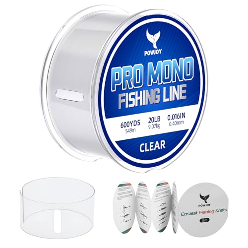 POWJOY 20lb Clear Monofilament Fishing Line 600Yds, No‑Tangle Snap Ring, Low-Stretch Nylon Mono String with Knot Guide, Invisible Underwater & Abrasion Resistant, Multi purpose for hanging decorations