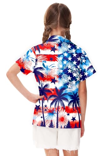 Image of Remimi Unisex Kids 4th of July Button Up Shirt Boys American Flag Print Hawaiian Beach Short Sleeve Tops 5-14 Years