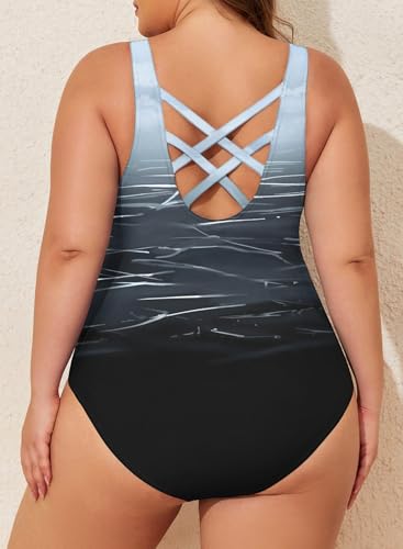 Eytino Plus Size Swimsuit for Women Back Crisscross Sports Tummy Control One Piece Bathing Suits(1X-5X)2