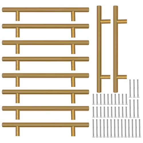 Piuluvor® Tiradores de armario de 10 unidades, color dorado, 128 mm, distancia entre orificios, tiradores de cocina, muebles de cocina, tiradores de acero inoxidable, tiradores de armario, tiradores