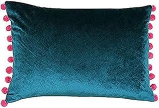 Riva Paoletti Fiesta Rectangular Cushion Cover Multicoloured Pompom Edges-Soft Velvet Fabric-Reversible-Zip Closure-100% Polyester-35 x 50cm (14" x 20" inches), Polyester, Hot Pink/Multi, 35 x 50cm