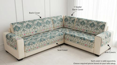 Image of Luxury Sofa Cover L Shape 6 Seater with Matching Cushion Cover 16x16 inch - Emerald Paisley Royal 3+3 Seater (6 Seater) Quilted Sofa Cover Set Pack of 11, Washable, Emerald Teal