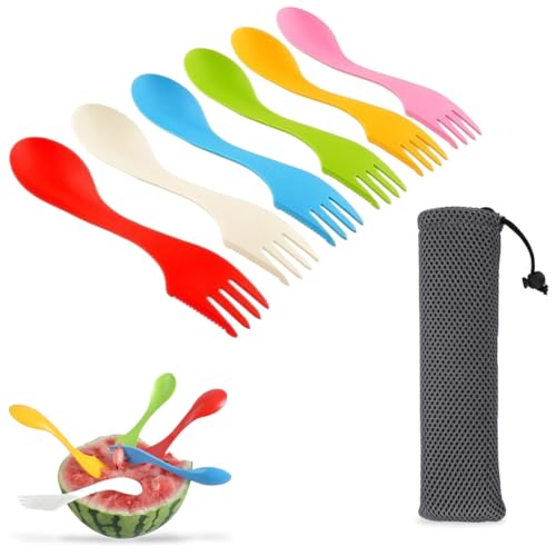 FENQURO 6 teiliger Kunststoff-Göffel, 3-in-1-Göffel, Campingbesteck, Kunststoffbesteck-Set, tragbare Göffel, Campingbesteck, Löffel, Gabel mit tragbarer Tasche für draußen, Camping
