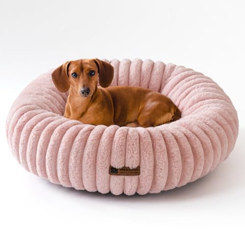 MEWOOFUN Hunde-Donut-Betten für kleine Hunde, beruhigendes Hundebett, rundes süßes Welpenbett mit Rutschfester Unterseite, Flauschiges (Rosa, 64x64x18cm)