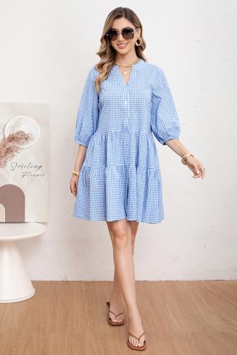 Image of utcoco Women's 2026 Spring Summer Plaid Shirt Dress 3 /4 Puff Sleeve Button Down Loose Casual Midi Dress with Pockets