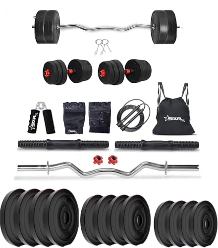 Image of Star X Home Gym Kit for Men & Women | Exercise Equipment | 3ft Curl Rod, PVC Dumbbell Plates, Leather Gym Gloves, Gym Bag, Skipping Rope & Other Accessories