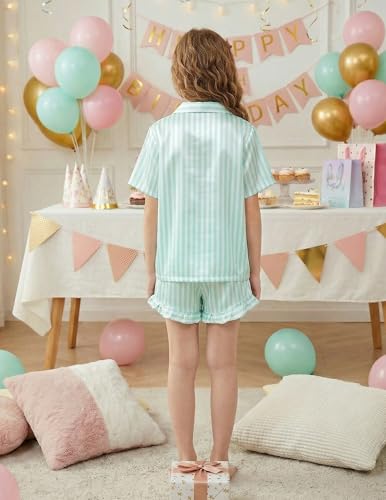 Image of Arshiner Girls Pajamas Silk Satin Pajama Set Button Pjs Ruffle Sleepwear | 2 Piece Nightwear, Silky Soft Lounge for Little & Big Kids, Ideal for Sleeping and Sleepover Party