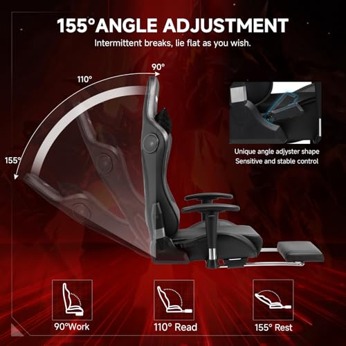 Image of GTPLAYER Gaming Chair with Bluetooth Speakers, Adjustable Backrest and Height, 3D Armrests, Footrest, Ergonomic Computer Chair for Gamers (Dark Black)