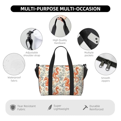 Laptop Tote Bag for Women Work - Orange Seahorse Pattern Print Weekender Overnight Bags for Women Travel, Gym Duffle Bag for Men, Personal Item Crossbody Travel Bags for Men Carry On3