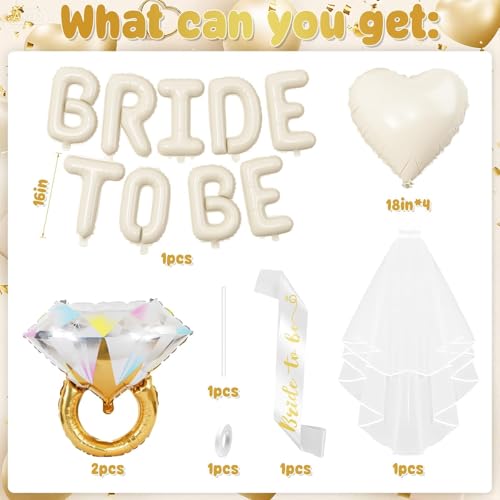 Image of Sand White Bachelorette Party Decorations, Cream White Bride To Be Banner Heart Balloons with Diamond Ring Foil Balloon, Bride To Be Sash&Veil for Bachelorette Engagement Bridal Shower Party Supplies