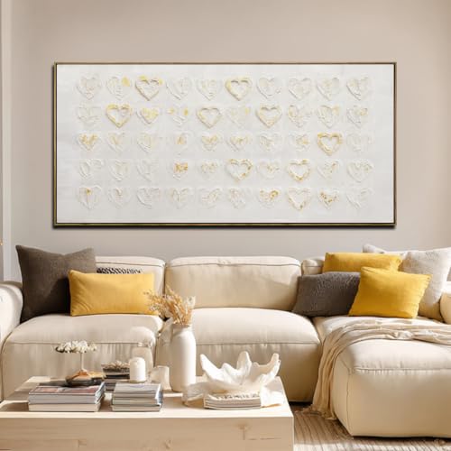 Image of White And Gold Wall Art For Living Room 3d Textured Large Canvas Pictures Love Heart Wall Paintings Framed Artwork Decor 29 inchx58 inch