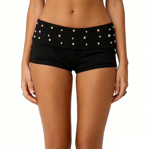 Nlacehan Fold Over Micro Mini Shorts for Women Y2k Low Rise Studded Booty Shorts Rave Outfits for Club Party Concert Festival (Black S)