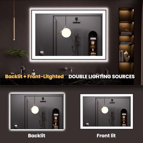 LOAAO 48"X32" LED Bathroom Mirror Black Framed, Anti-Fog, Dimmable, Lighted Bathroom Vanity Mirror for Wall, Memory Function, Tempered Glass