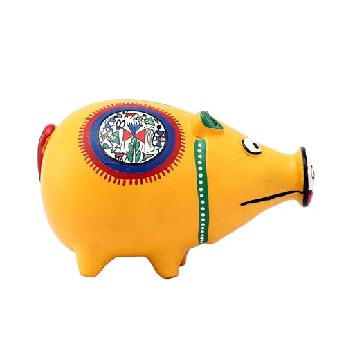 Image of Aakriti Art Creations Musturd Max Piggy Bank | Coin Bank Birthday for Boys and Girls | Hand Painted with Warli Art in Yellow Fabric Shade | Artistic Style Piggy Bank | Handcrafted Coin Bank