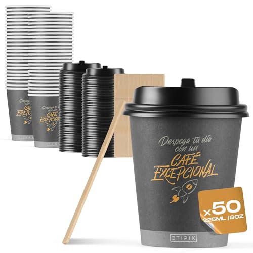 Vasos de Papel Desechables con Tapa y Paletinas de madera – 50 Unidades de 8 oz (235 ml), Modelo TheClass. Antifugas, resistentes, ecológicos y reciclables. Ideales para Café, Té y bebidas calientes.