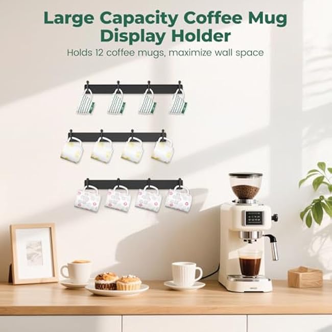 EsLuker.ly Mug Holder Rack Coffee Cup Hanger Wall Mount, Metal Wall Cup Shelf Organizer Stand with 12 Hooks, Fits Most Mugs Display for Home Kitchen, Easy to Install, Set of 3, Black