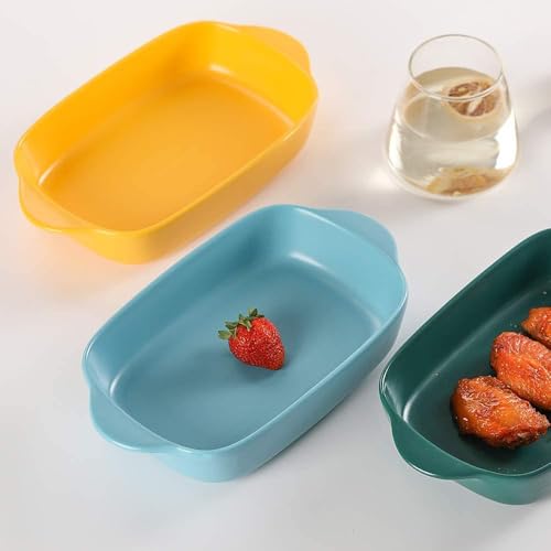 Image of Ceramic baking dish - Casserole Baking Dish with Handle, Baking Dishes for Oven, 7'' x 5'' Individual Baking Pan, Color Painted Porcelain Bakeware Set| Pack-2 (Blue Plain)