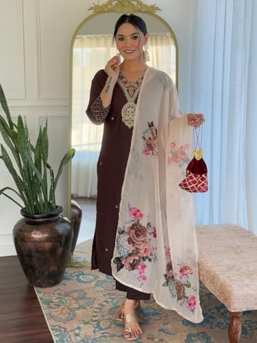 Image of Naixa Women's Rayon Slub Embroidered Straight Kurta with Pant and Dupatta Sets (Available in Plus Size) (NX-675)