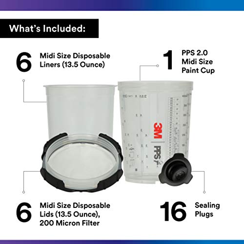 3M Pps 2.0 Paint Spray Gun System Starter Kit With Cup,Lids And Liners,26170,13.5 Ounces,200-Micron Filter,Use For Cars,Furniture,Home & More,1 Paint Cup,6 Disposable Lids And Liners,16 Sealing Plugs #TOP1