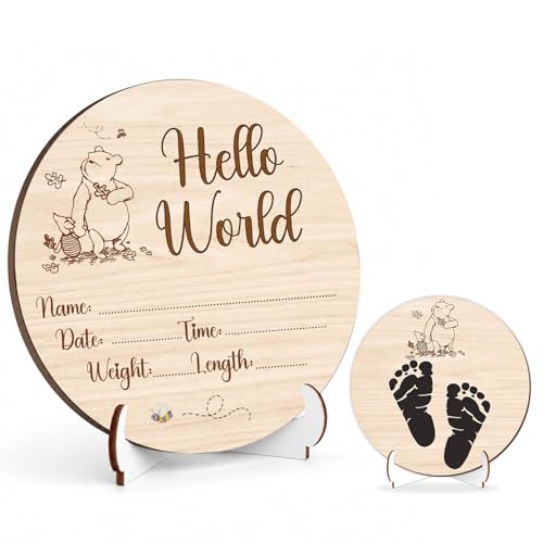 Winnie Baby Wooden Newborn Birth Sign, Winnie Hello World Newborn