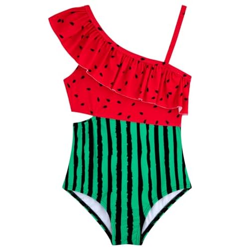 Girls One Piece Swimsuits Cutout Ruffle Bathing Suit Quick Dry Beach Swimwear with Adjustable Strap 5-14 Years 9-10 Years Watermelon