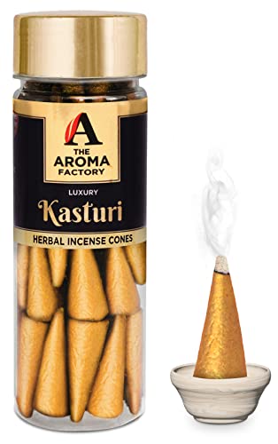 Image of The Aroma Factory Incense Dhoop Cone for Pooja, Kasturi (100% Herbal & 0% Charcoal) 1 Bottle x 30 Cones