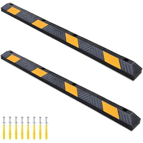 72" Rubber Parking Curb, Heavy Duty Vehicle Wheel Stopper, Garage Parking Aid w/Yellow Reflective Stripe for Car, Truck, Trailer, 2-Pack Cover