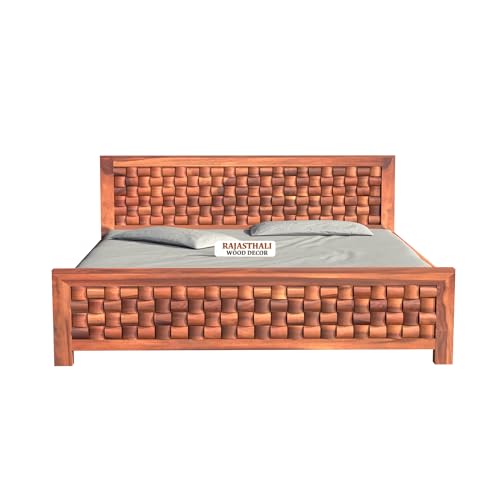 Image of Niwar Sheesham Wood King Size Bed Without Storage (81x74 Inch) | Wooden Double Bed Cot for Bedroom Furniture | Modern Palang Design for Home & Hotels | Honey Finish