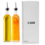 Oil Vinegar Cruet, Square Tall Glass Bottle with Stainless Steel Spout, Set of 2 – 16 oz.