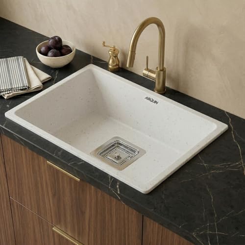 Image of ARQUIN Quartz Kitchen Sink 24x18x9 Inch Rosa | Single Bowl Sink | Durable & Scratch-Resistant | Undermount /Topmount Including Coupling, Waste Pipe & Fruit Washing Basket