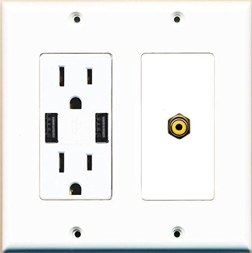 RiteAV Gniazdo zasilania 15 A 125 V (2 gniazda ładowarki USB) RCA żółta płytka ścienna biała