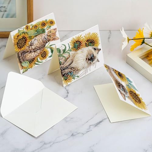 Image of AiYuanzsh 6-Pack 5D Diamond Painting Greeting Cards with Envelopes, Cat Sunflower Pattern DIY Crystal Rhinestone Diamond Art Cards, Laser Effect Postcards for Birthday, Thank You, and Gift Giving