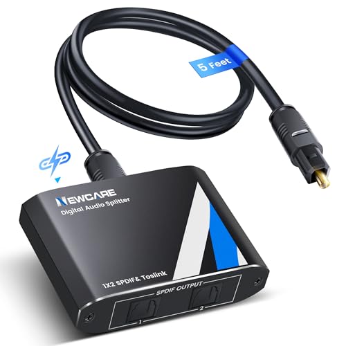 NEWCARE Digital Optical Splitter 1 in 2 Out SPDIF Toslink Optical Audio Cable Splitter 1x2 Support LPCM2.0 Doldy Digital & DTS 5.1 for Xbox PS4 PS5 DVD TV Box Home Theatre Receiver Sound Bar