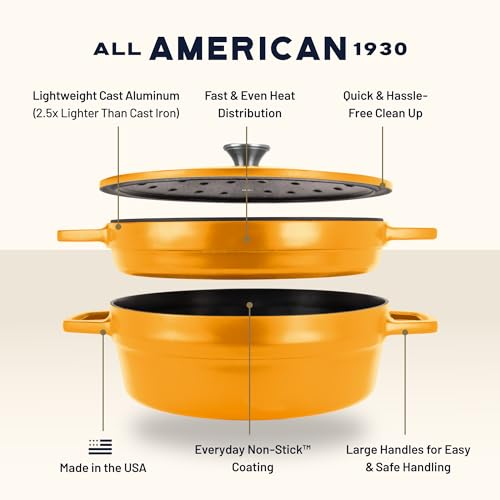Image of All American 1930 - Dutch Oven - The Complete Set, Mustard Yellow - 7.75qt Capacity - Ideal for Family Meals & Versatile Cooking - Non Stick & PFAS Free - Made in the USA