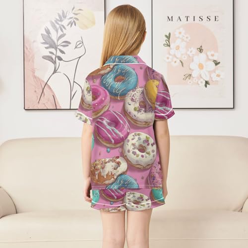 Satin Pajama Sets Short Sleeve Colorful Donuts with Sprinkles Button Down Silky Nightwear 2 Piece PJS 5-14Y4
