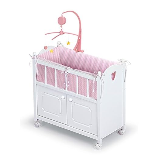 Badger Basket Cabinet Doll Crib with Gingham Bedding, Musical Mobile, Wheels, and Free Personalization Kit (fits American Girl Dolls), White/Gingham (01721)
