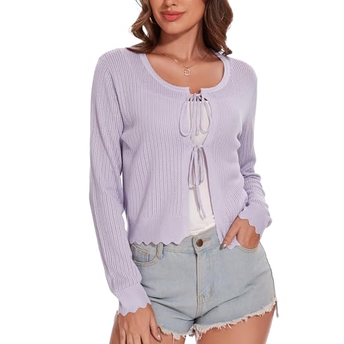 Women's Tie Front Knit Cropped Cardigan Long Sleeve Crochet Sweater Shrug Top Purple