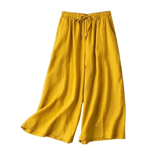 Women's Summer Falling Wide Leg Thin Skirt High Waisted Artistic Versatile Loose Casual Cropped Pants (Yellow, XL)