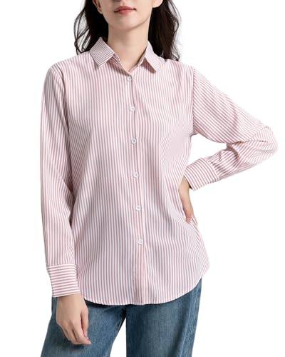 [SPRING SEAON] シャツ ブラウス レディース とろみワイシャツ オフィス ノーアイロン ゆったり 大きいサイズ 長袖 カジュアル ファッション 通勤 日常 高通気性 ストライプ-ピンク L